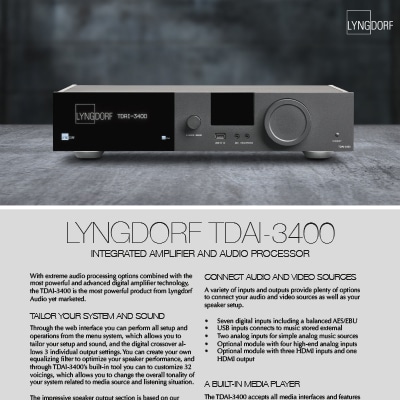 Lyngdorf TDAI-3400 fact sheet