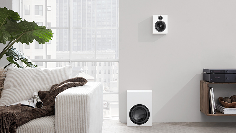 Lyngdorf MH-2 speaker and BW-2 woofer in white