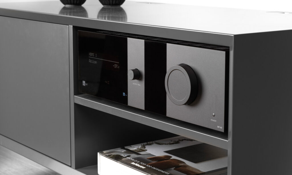 Lyngdorf MP-60 processor in a grey clic furniture