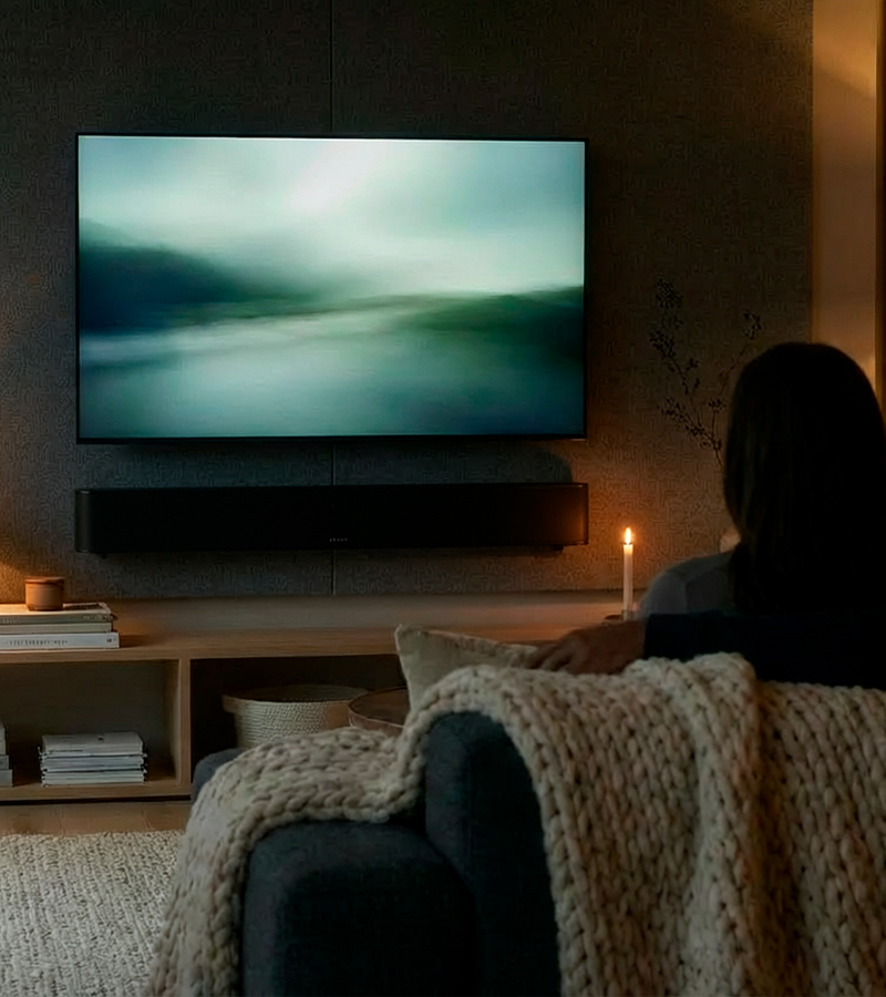 Black Lyngdorf SB-75 soundbar in living room