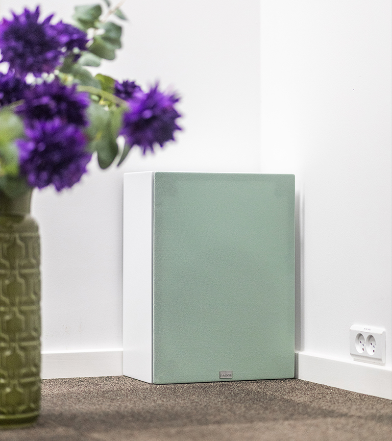 White Lyngdorf BW-2 woofer with green fabric cover