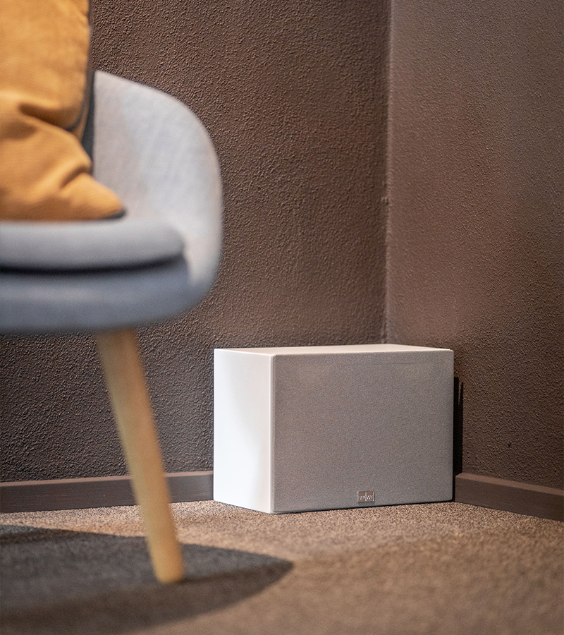 White Lyngdorf BW-3 woofer with grey fabric cover