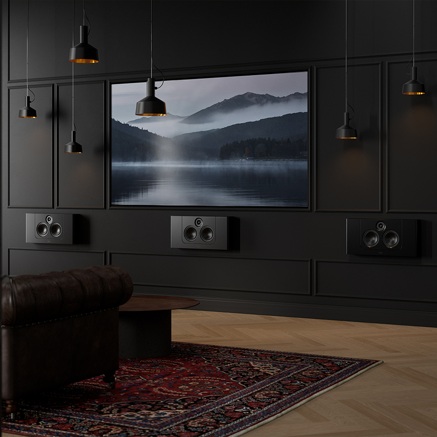LCR-2 speakers in dark living room