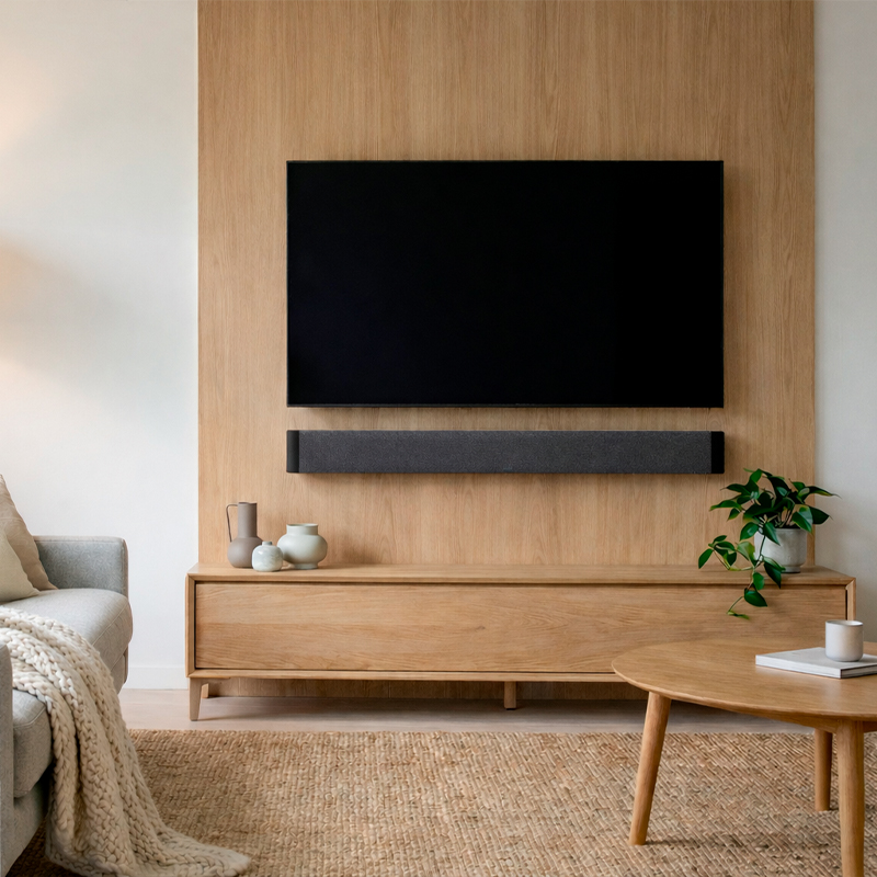 Lyngdorf SB-75 soundbar hanging in a living room