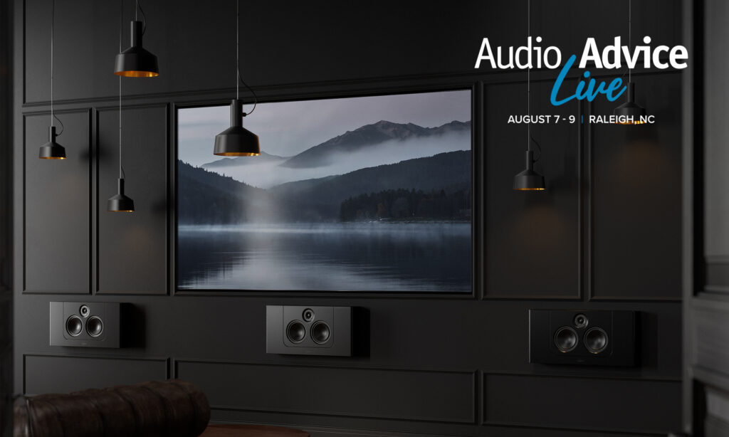 Lyngdorf Audio Returns to Audio Advice Live 2026 with Two North American Debuts 9 Three black LCR-2 speakers in a black room